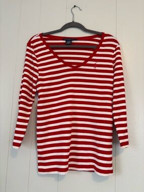 Ralph Lauren Sport Women’s Red and White Striped V-Neck 3/4 Sleeve Top